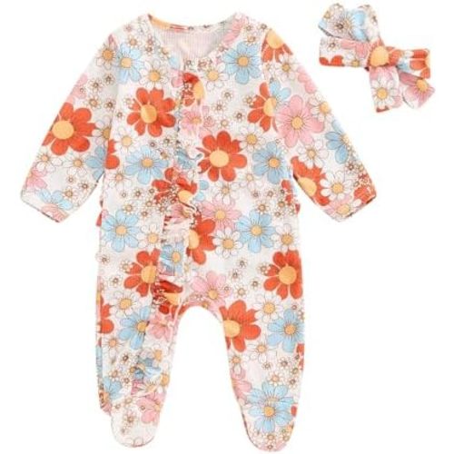 Newborn Baby Girls Ruffled Floral Footies Footed Romper Long Sleeve Daisy Zipper Footed Jumpsuit Overall with Headband
