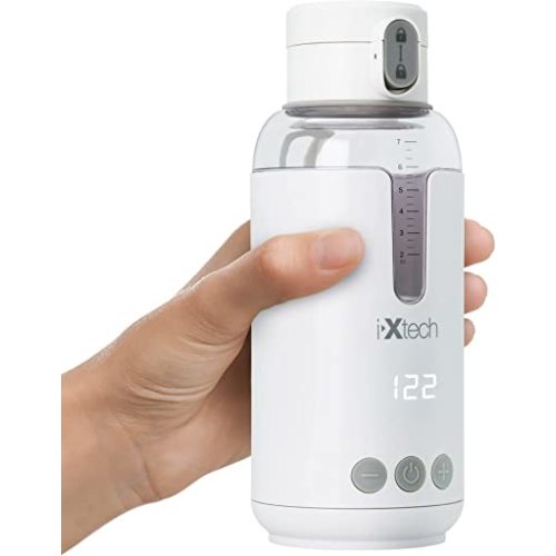 IXTECH Portable Water Warmer for Baby Formula, Milk, 8 oz., Electric Warming with Adjustable Temperature Control, Leak-Resistant Spout, Rechargeable and Wireless