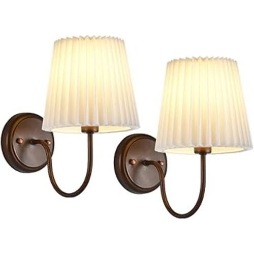 Mid Century Wall Sconce Set of 2 Pleated Fabric Shade Gooseneck Farmhouse Vintage Wall Light Fixture Oil Rubbed Bronze Antique Wall Lamp for Bedroom Bedside Living Room Bathroom Hallway