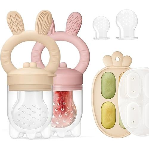 2 Packs Baby Fruit Feeder & Freezer Tray Combo, Push Pop Baby Food Feeder to Safely Introduce New Foods, Fresh & Frozen Food Silicone Feeder, 100% Food Grade, BPA Free