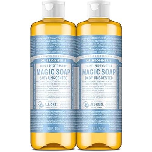 Dr. Bronner's Pure-Castile Magic Liquid Soap (Baby Unscented, 16 Ounce, 2-Pack)- Made with Regenerative Organic Certified Oils, For Face, Hair, Hand & Body Soap, Laundry, Pets- Concentrated, Vegan