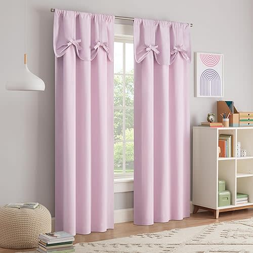 ECLIPSE KIDS Blackout Curtain, Kids Curtain with Bow Tie Up Valance, 84 in x 40 in, Thermaback 100% Blackout Curtain with Rod Pocket Header, Curtain for Kids Room or Playroom, 1 Window Curtain, Pink