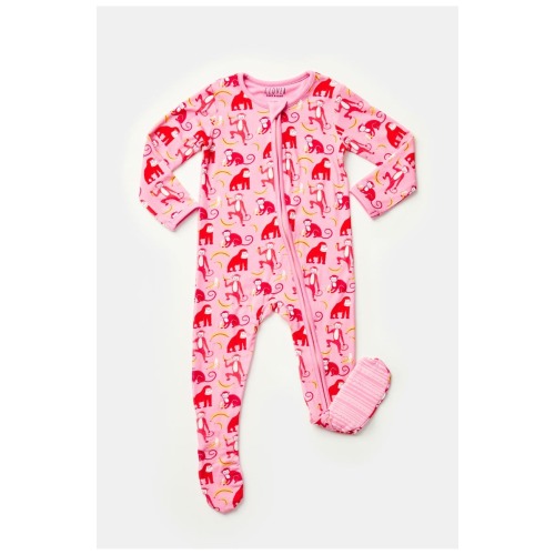Soft & Stretchy Zipper Footie - Monkeying Around Pink, 6-12M