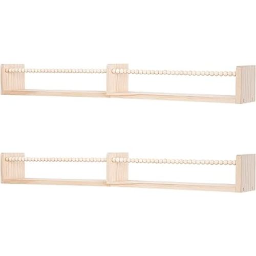 Nursery Shelves for Wall,Kids Bookshelves Set of 2,Floating Bookshelf Baby Book Toy Display Storage Organizer Decor with Wooden Beads Bar,Preassembled,Natural Pine Wood,32 Inch（Natural Wood）