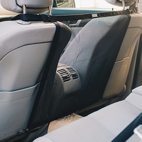 Dog Car Net Barrier - Universal Fit Sturdy Mesh, Easy to Install, Convenient for Air Conditioning, Easy to Clean & with Flexible Bungee Cords for Seat Movement
