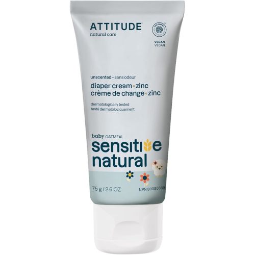 ATTITUDE Diaper Cream with Zinc & Oatmeal for Baby with Sensitive Skin, Plant and Mineral Based, Dermatologically Tested, Vegan, Unscented, 2.6 Oz