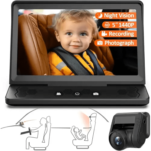 7” Baby Car Camera HD 1440P Recording, 5” Screen Baby Car Monitor with Full-Color Night Vision Camera, Infant Safety Baby Car Mirror Rear Facing for Backseat, Wide Clear View, Easy Installation