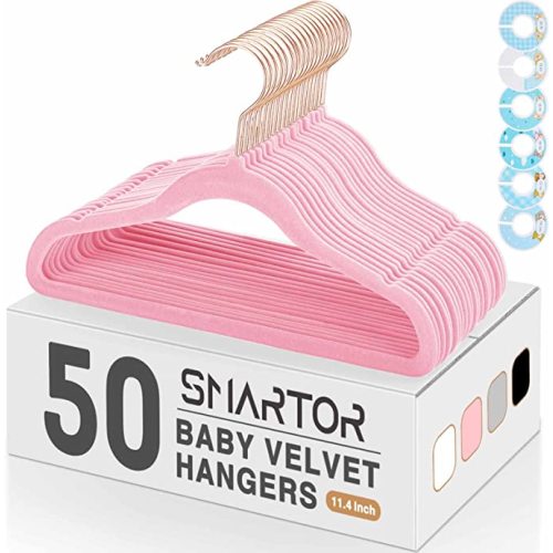 Premium Velvet Baby Hangers for Closet 50 Pack, 11.8" Safe Durable Baby Clothes Hangers for Nursery with 6 Pcs Closet Dividers, Sturdy Felt Hangers for Toddler/ Infant/ Kids/ Childrens - Pink