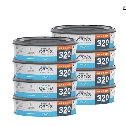 Diaper Genie Essentials Round Refill 8-Pack | Holds Up to 2560 Newborn Diapers | Features Unscented Continuous Film | Compatible with Diaper Genie Complete and Expressions Pails,8 Count (Pack of 1)