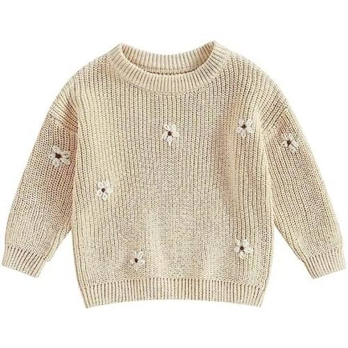 Toddler Baby Girl Knit Sweater Round Neck Long Sleeve Floral Embroidery Warm Pullover Tops Infant Fall Winter Clothes