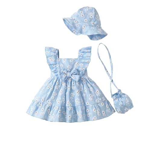 Renotemy Newborn Infant Baby Girl Dresses Summer Outfits Boho Casual Sundress Gifts Toddler Clothes for Girl with Hat and Bag