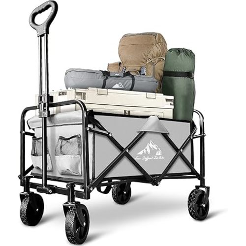 Collapsible Wagon Cart Heavy Duty Foldable, Large Capacity Foldable Grocery Beach Wagon for Camping Sports Shopping, Gray
