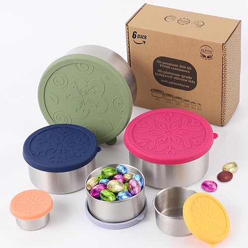 12 Pcs - 6 Stainless Steel Containers + 6 Silicone Lids | 304 Stainless Steel Snack Container | Nesting Snack and Dip Containers | Metal Food Storage Containers