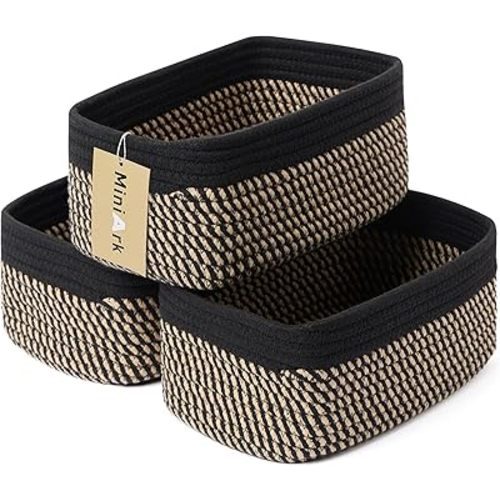 Small Storage Baskets for Organizing | Closet Organizer Bins | Shelf Toy Basket | Woven Rope Baskets | Cube Decorative Box | Shallow Basket | 11.5x7.5x4.7” | 3 Packs Black Brown