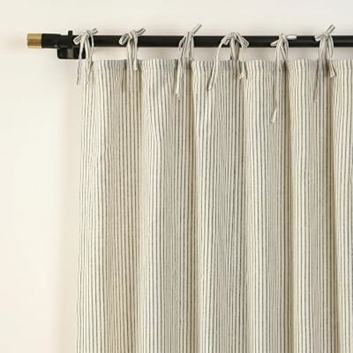 Gauze Striped Curtains, Boho Linen Gauze Tie Top Hanging Curtains Light Filtering Door Window Treatment 2 Panel Curtain Drapes for Living Room Home Décor Green on Beige (96"x42" Each Panel)