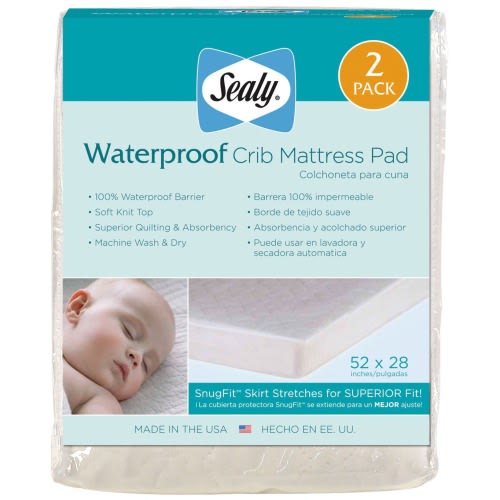 Sealy Waterproof Crib Mattress Pad, 2-Pack - White