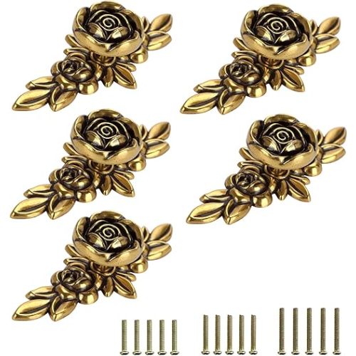 JUXYES Pack of 5 Euro Rose Decorative Cabinet Knobs with Plate, Floral Ivory Drawer Knob Cupboard Door Knobs, Ivory White Drawer Pulls Cabinet Handle Knobs for Dresser Cabinet