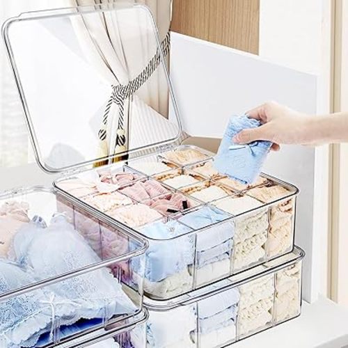 2pcs Sock Underwear Organizer, 16 Compartment Adjustable Dividers Bras Socks Underwear Drawer Organizers for Closet, Clear Plastic Storage Containers Box with Lids for Ties Bra Scarf Socks