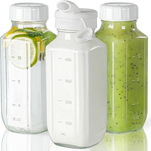 Glass Juice Bottles with Lids, 3 Pack Clear Glass Water Bottles w Pour Spout, 16 Oz Reusable Milk Jug w 100% Airtight Cap and Scale for Juicing Containers, Breast Milk Storage, Drinking Jar
