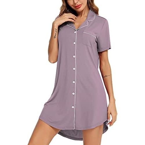 Samring Pajama Nightgown for Women Short/Long Sleeve Button Down Nightwear Top Boyfriend Sleep Shirts Nightdress S-XXL