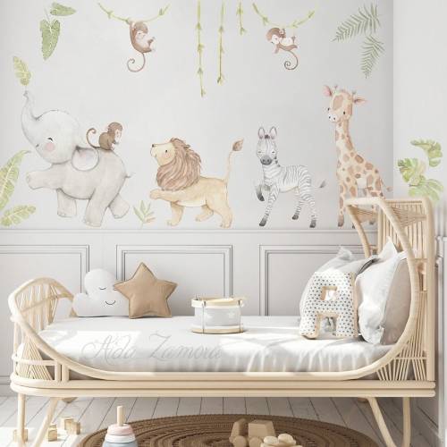 Reusable Fabric Wall Decal, SAFARI ANIMALS, Nursery wall decal, Watercolor decal, Safari Nursery sticker, African animals wall decal.