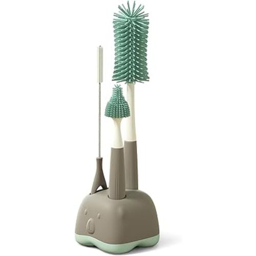 Silicone Bottle Brush Cleaning Set, Gray, Nipple Cleaner, Straw Brush, Includes Drying Rack Stand.