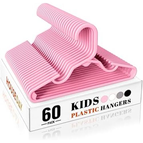 HOUSE DAY Premium Baby Hangers 60 Pack, 11 Inch Kids Plastic Hanger Pink, Slim Childrens Hangers for Infant, Toddler, and Child Clothes, Durable Baby Clothes Hanger for Closet