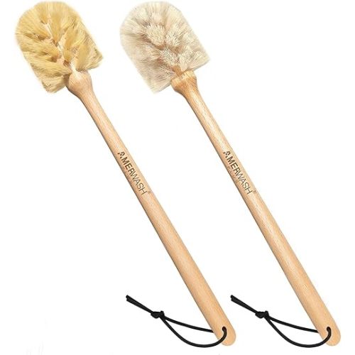 Bottle Brushes with Natural Bristles, 13-3/4 Inch Long Wood Handle Bottle Brush Cleans and Scrubs Wide Mouth Jars, Glasses, Vases, Mugs and Pitchers, Sisal + Horsehair Bristles 2 Pack