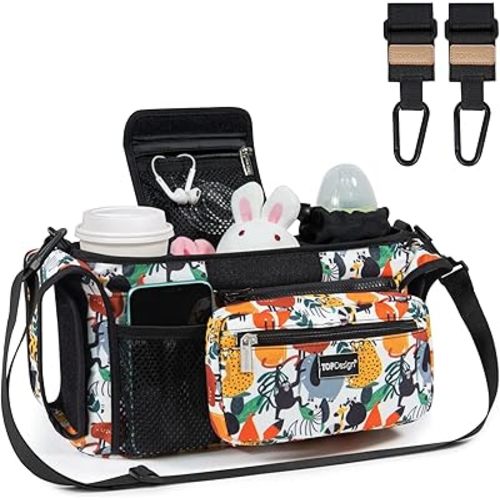 TOPDesign Universal Baby Stroller Organizer, Stroller Caddy with Heightened Insulated Cup Holders & Non-Slip Secure Hooks Accessories, Fits Most Strollers, Machine Washable (Zoo)