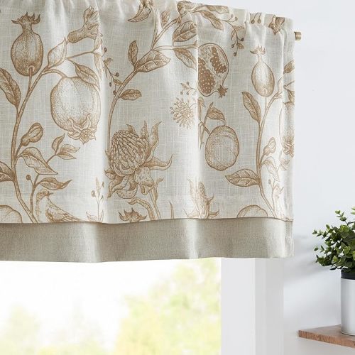 jinchan Linen Valance Floral Printed Curtain Double Layer Window Shade 18 Inches for Living Room Kitchen Laundry Botanic Curtain Farmhouse Window Decor Room Darkening Valance One Panel Tan