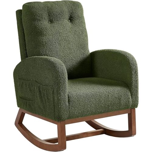 Rocking Chair Nursery, Rocking Chairs with Solid Wood Legs, Teddy Fabric, Glider Chair with Upholstered High Backrest, Nursery Chair for Living Room, Baby Room, Bedroom (Green)