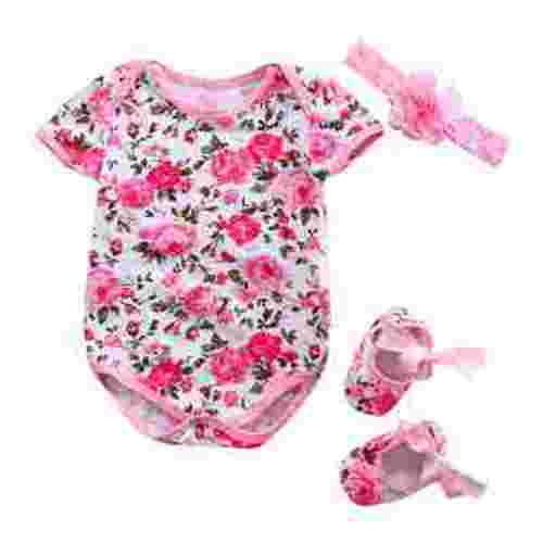 Qtinghua 3Pcs Newborn Baby Girls Clothes Short Sleeve Romper Leopard Floral Jumpsuit Bodysuit+Shoes+Headband Set Pink 3-6 Months