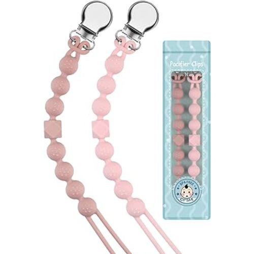 Silicone Pacifier Clip for Boys Girls Binky Clips Chain Leash Holder Straps Soft Flexible with Texture Baby Shower Birthday Christmas(Quartz Pink)
