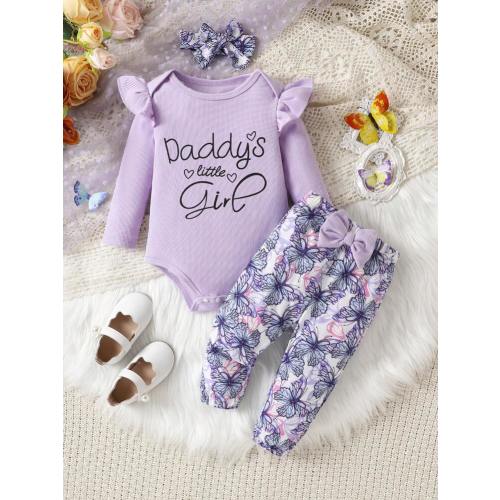 SHEIN Vintaside Kids Baby Girl Slogan Printed Ruffle Hem Ribbed Bodysuit And Butterfly Print Pants Set | SHEIN USA