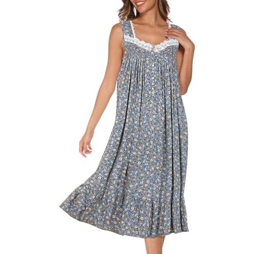 AVIIER Cotton Nightgowns for Women Sleeveless House Dress Ladies Long Nightdress with Pockets S-XXL