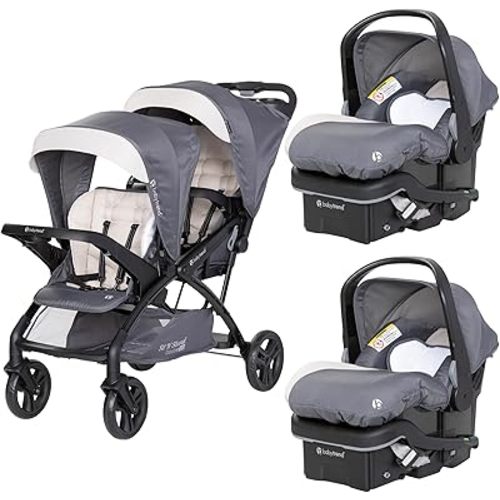 Baby Trend Sit N' Stand Tandem Double Stroller w/ 2 Pack EZ-Lift Plus Infant Car Seats, Magnolia