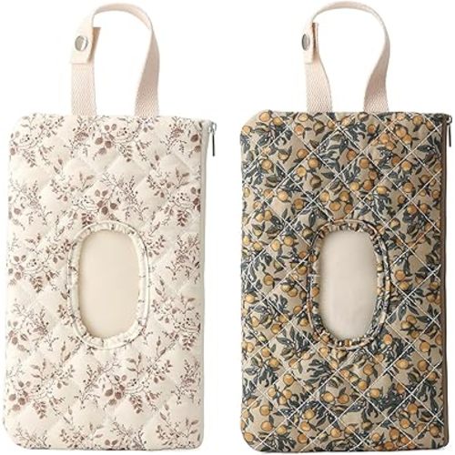 2Pcs Quilted Baby Diaper and Wipes Pouch Portable Mommy Bag for Stroller Reusable Wipes Pouch with Lanyard for Casual Travel (Beige+Green)
