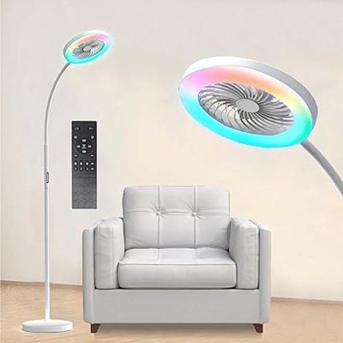 Floor Lamp with Fan Fan Light with RGB 18w/1500lm LED Floor Famp, Stepless Adjustable 3000K-6000K Color and Dimmer, Remote and Button Control, Adjustable Gooseneck Gloor Lamp (White)
