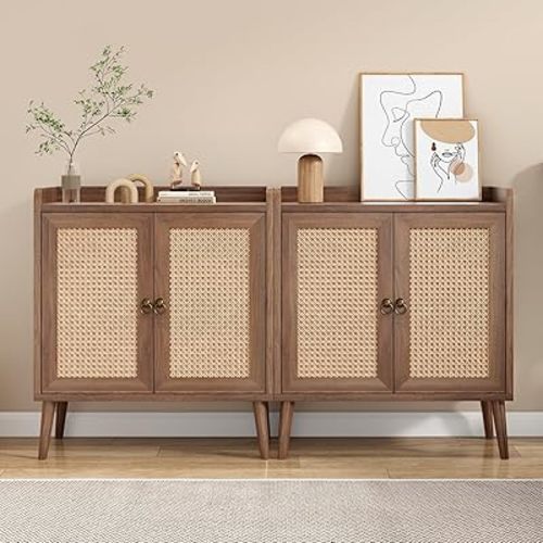 Farini Sideboard Buffet Cabinet Set of 2, Bar Liquor Cabinet with Rattan Decorated Doors, Vintage Side Cabinet for Dining Room, Living Room,Hallway（Vintage）