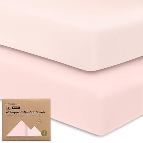 2-Pack Waterproof Pack and Play Sheets,Mini Crib Sheets Fitted for Boy,Girl-Viscose From Bamboo Pack N Play Sheets for Graco Pack and Play Mattress,Toddler Playard Baby Crib Sheets Neutral (Mist Rose)