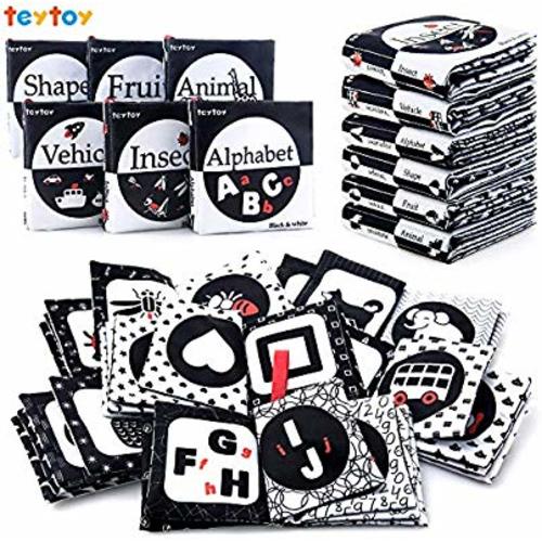 teytoy My First Soft Book, 6 PCS Nontoxic Fabric Baby Cloth Activity Crinkle Soft Black and White Books for Infants Boys and Girls Early Educational Toys Perfect for Baby Shower