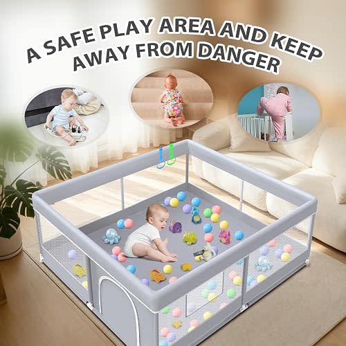 XVISHX Baby Playpen 50 x 50 Inch Play Pen Playards, Playpen for Babies and Toddlers, Baby Playard for Indoor & Outdoor Active Center Game Fence, with Skin-Friendly Fabric and Soft Breathable Mesh Grey