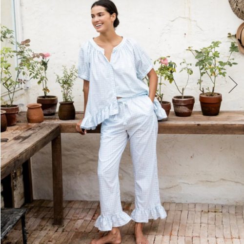 Sophie Sleep Set - Pants - Cotton - Gingham Pale Blue – Piyama USD