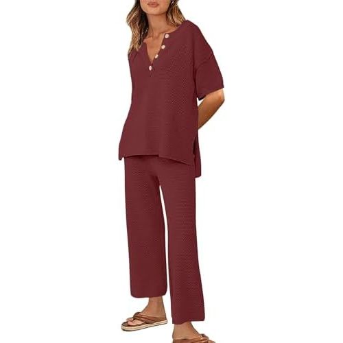 Ekouaer Lounge Sets for Women 2 Piece Pullover Sweater Set Knit Tops Wide Leg Pants Sweatsuits Casual Travel Outfits (Medium)
