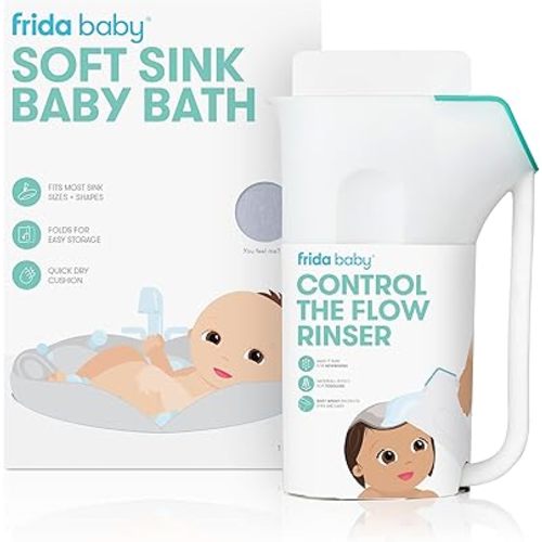 Frida Baby Soft Sink Baby Bath and Control The Flow Rinser Cup Bundle | Bathtime Essentials for Infants