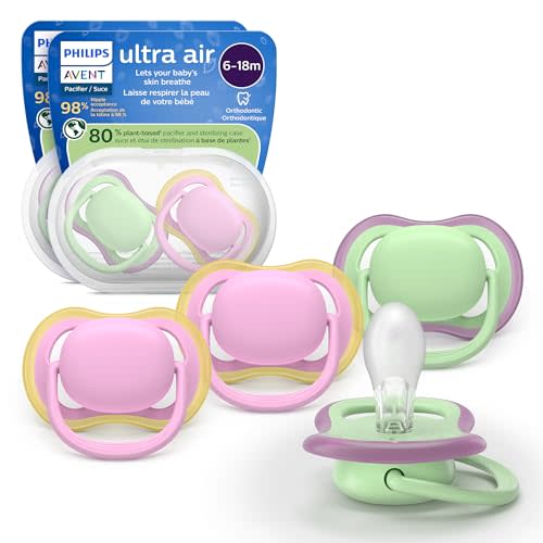 Philips Avent Ultra Air Pacifiers - Orthodontic Design, for Babies 6-18 Months, Soft Silicone Symmetrical Nipple, BPA-Free, 2 Sterilizing Cases, 4 Pack, SCF087/25
