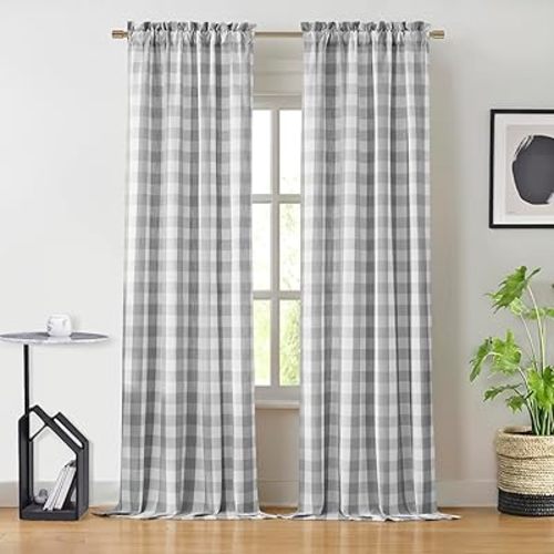 Buffalo Plaid Checkered Grey White Window Curtain Panels 84 Inches Length,Semi Sheer Drapes,Gingham Rod Pocket Window Treatment for Bedroom Living Room,2 Panels,40"x84",Gray