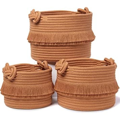 NaturalCozy 3-Piece Boho Decor Storage Basket Set – Cotton Rope Woven Baskets for Organizing! Small Basket for Baby Stuff, Baby Shower, Gift Basket, Nursery Baby Basket, Planter, Toy Basket, Shelves