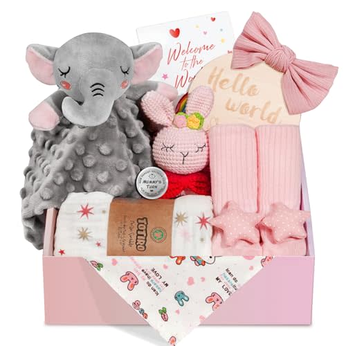 Totiro Newborn Baby Girl Gift, 9 Pcs Baby Gifts for Girls Newborn Essentials, New Baby Girl Gift Basket Baby Shower Gender Reveal Gifts, New Mom Gift Swaddle Blanket Bunny Rattle Gift Set