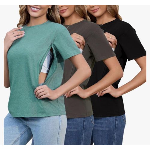Ecavus Women's 3-Pack Nursing Shirts for Breastfeeding with Hidden Zippers Loose Fit Maternity Tops